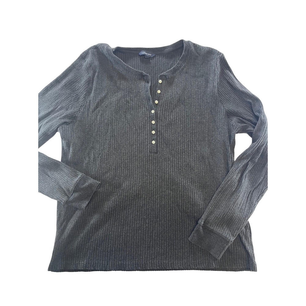 Lands End Womens XL Charcoal Gray Ribbed Henley Long Sleeve Top Cotton Blend